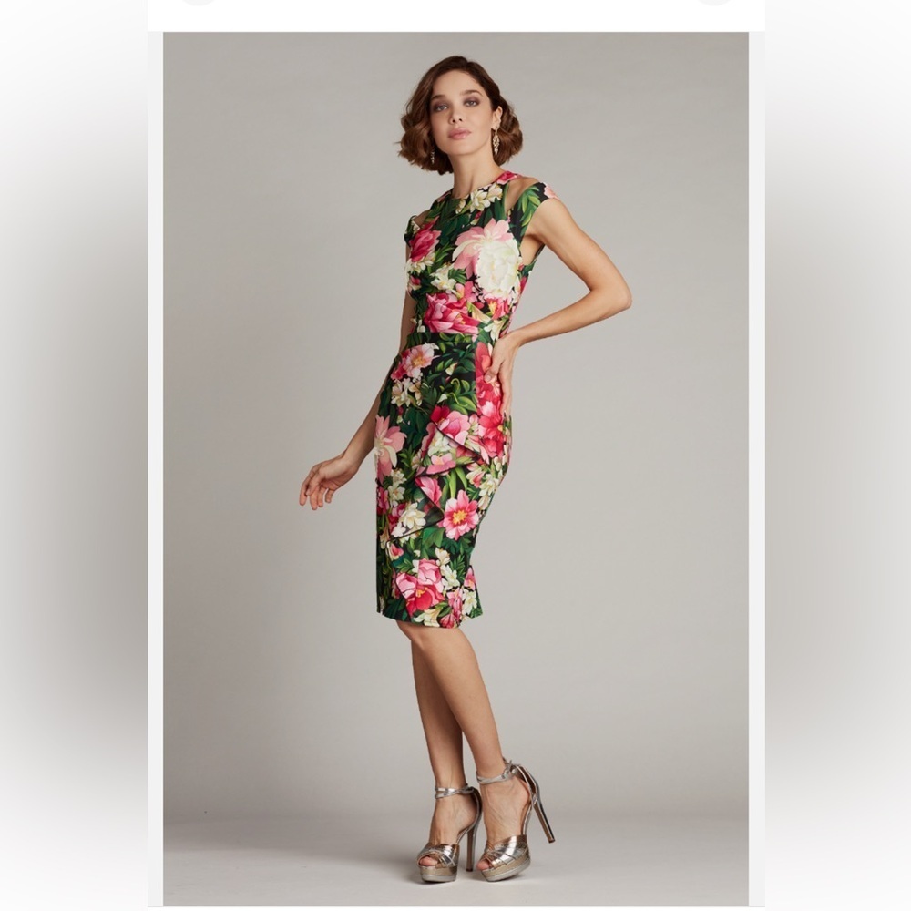 Tadashi Shoji ZORA FLORAL SHOULDER CUT-OUT DRESS SZ Medium Tropical Ruffle Sexy - Picture 2 of 16